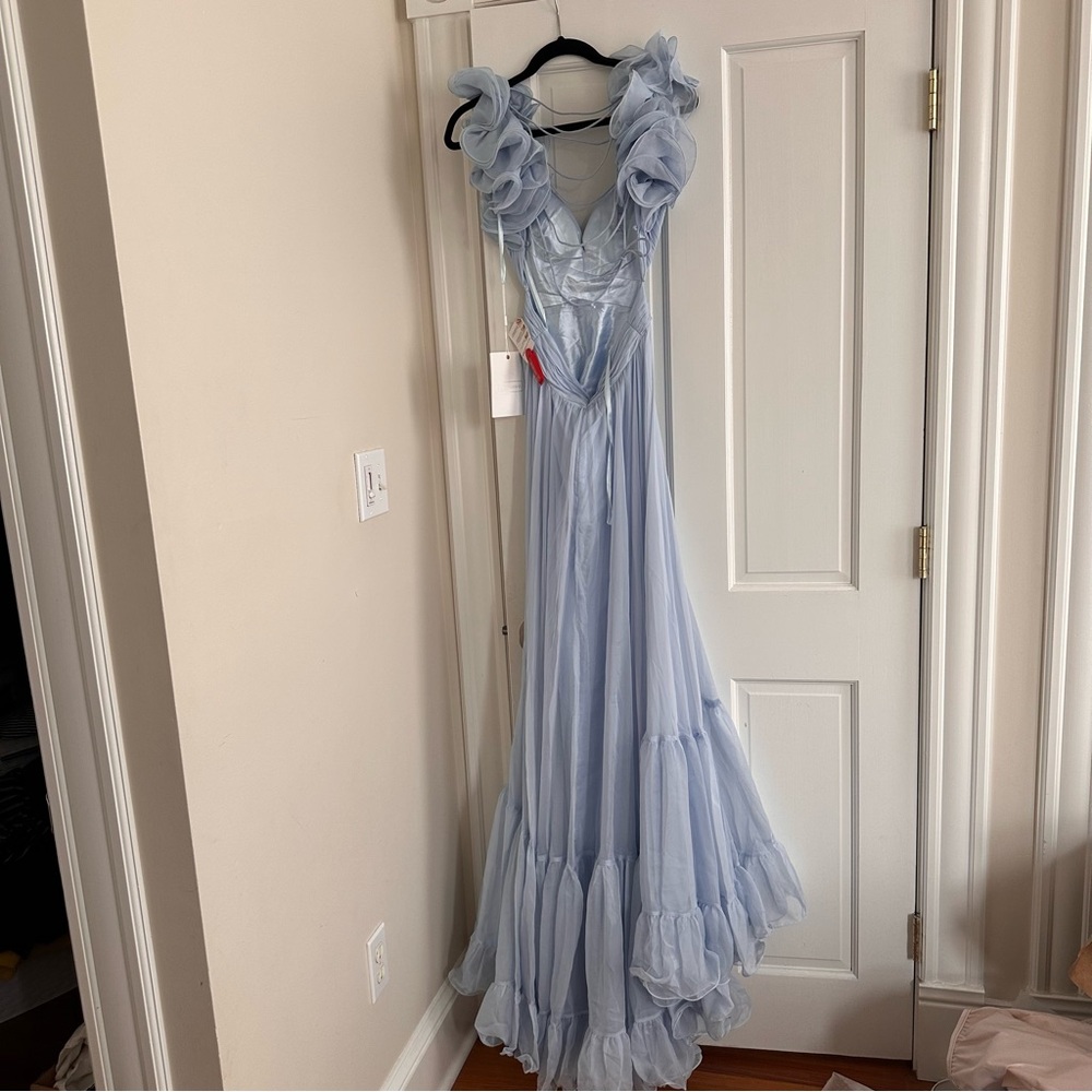 NWT Mac Duggal 67911 Light Blue Ruffle Tiered Cut-Out Chiffon Gown - Picture 4 of 7